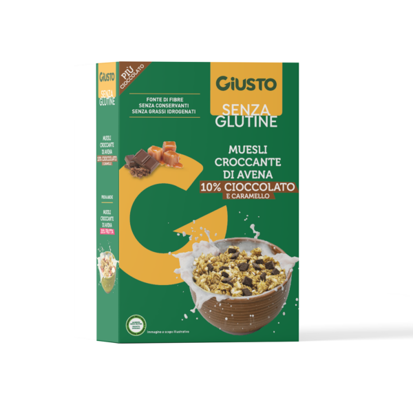 Muesli croccante senza glutine con cioccolato e caramello, per una colazione golosa.