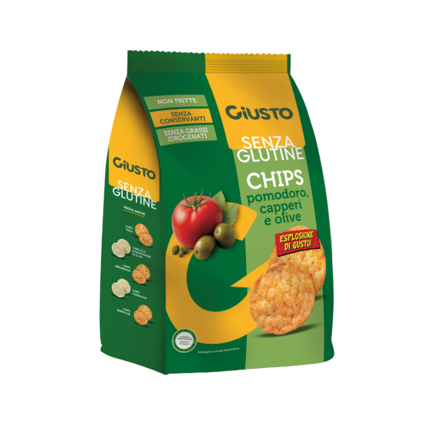 Scopri le Chips senza glutine al gusto di pomodoro, capperi e olive di Giusto.